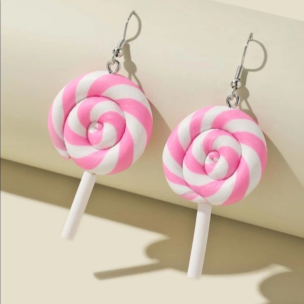 Pink and White swirl lollipop earrings
